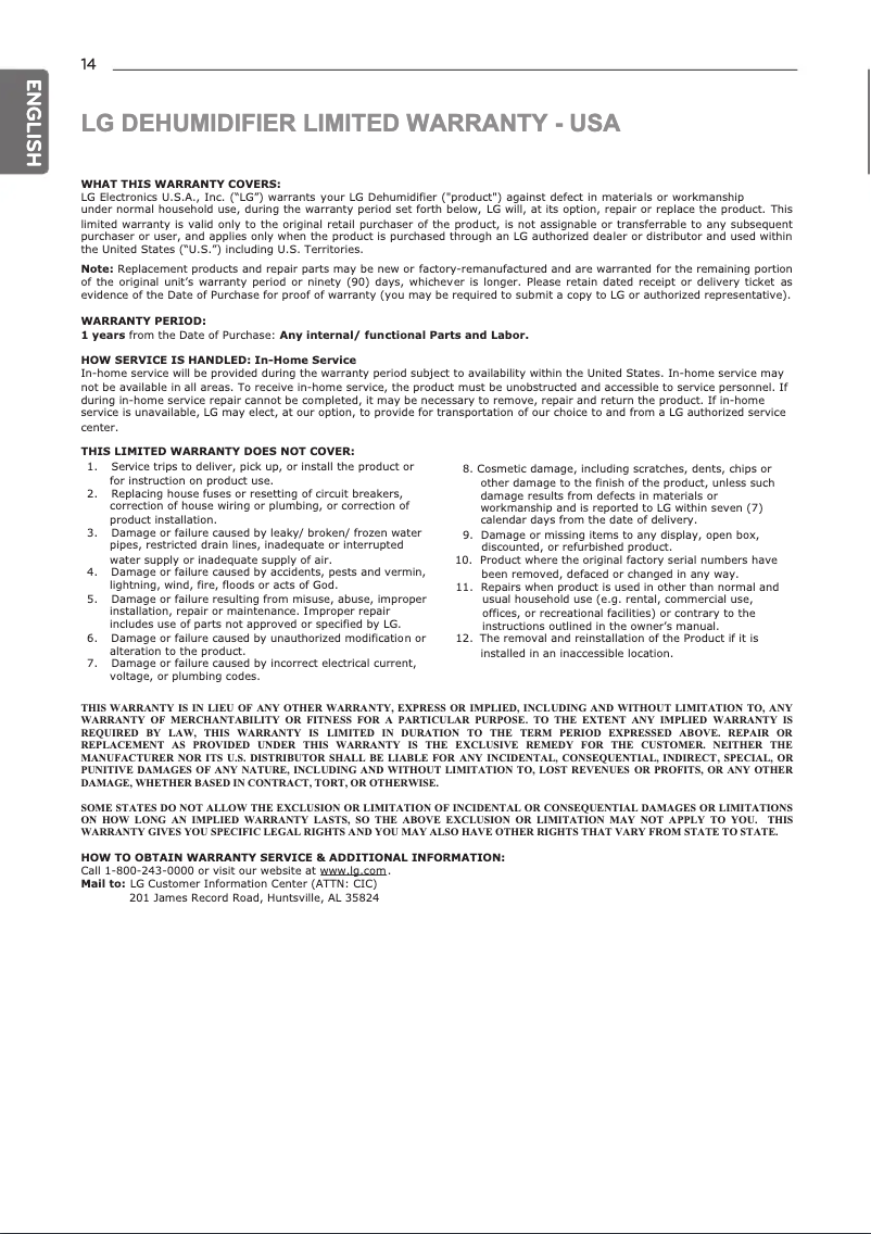 Page 1 de la notice Informations de garantie LG UD501KOG5