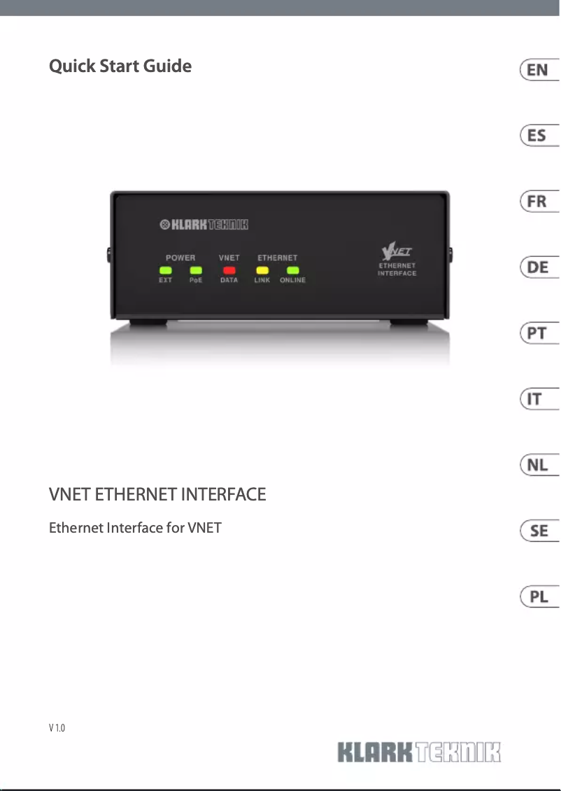 Page 1 de la notice Guide de démarrage rapide Klark Teknik Vnet Ethernet Interface