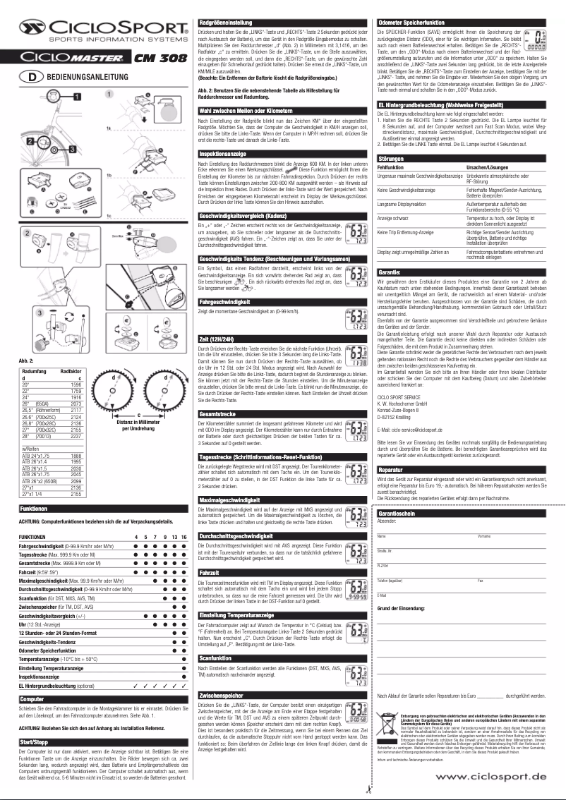Page 1 de la notice Manuel utilisateur Ciclo CicloMaster CM 308