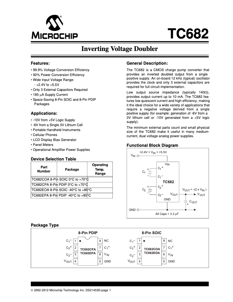 Page 1 de la notice Fiche technique Microchip TC682
