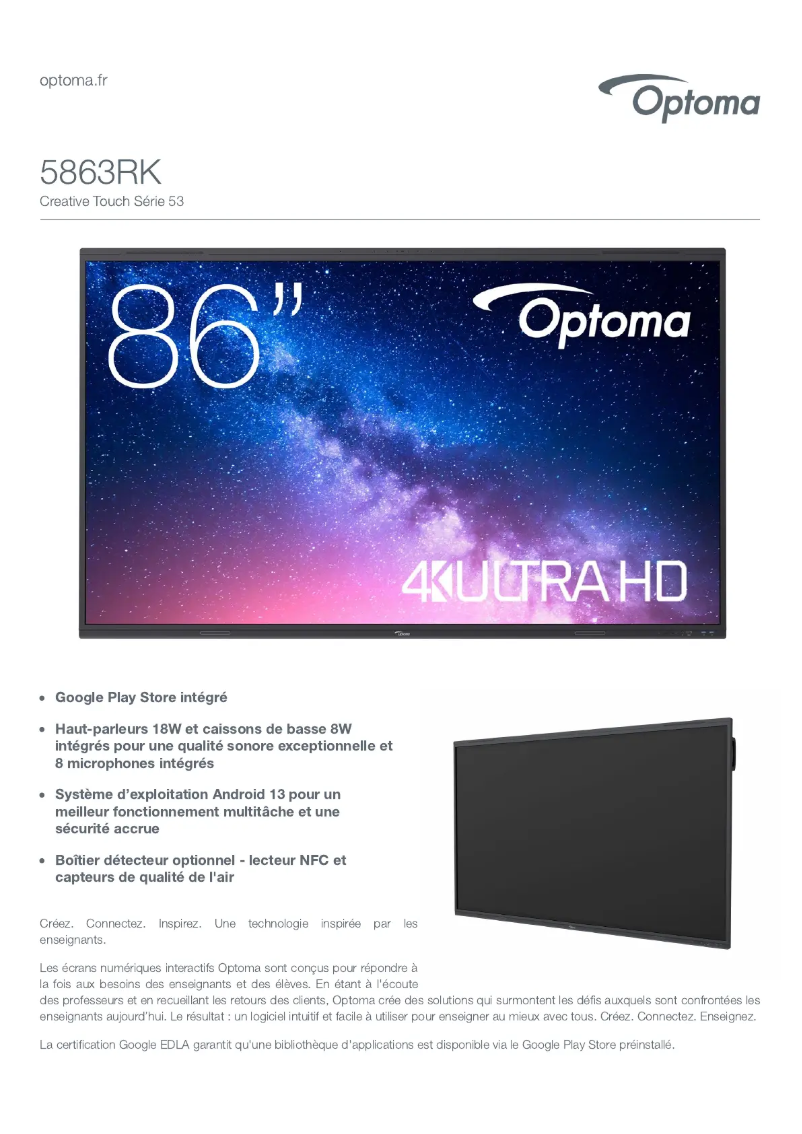 Page 1 de la notice Fiche technique Optoma 5863RK