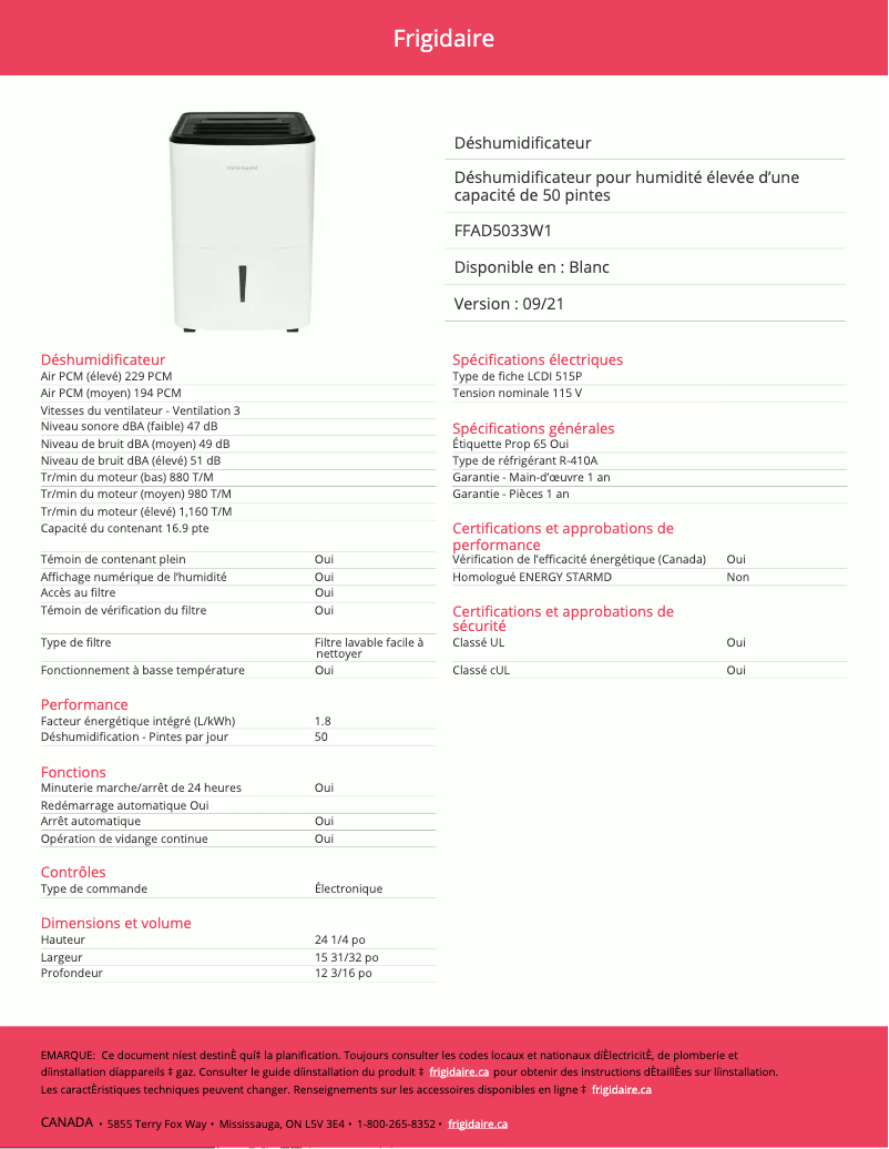 Page n°1 - Fiche technique Frigidaire FFAD5033W1