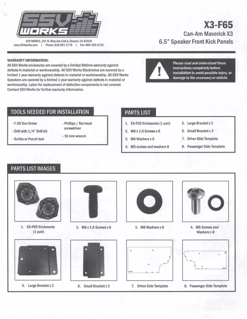Page n°1 - Manuel utilisateur SSV Works X3-F65
