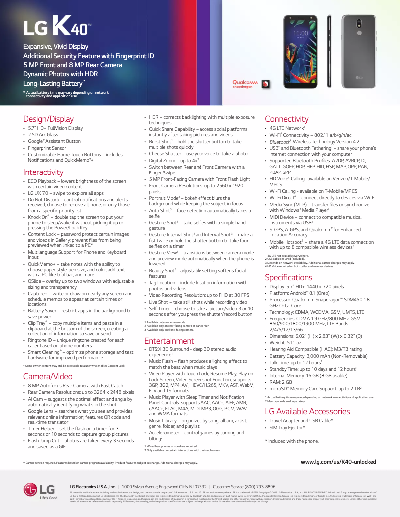 Page n°1 - Fiche technique LG K40