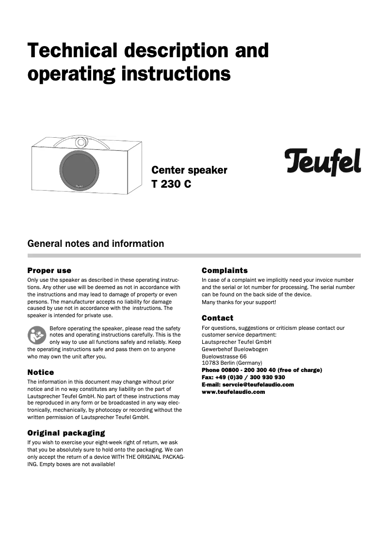 Page 1 de la notice Manuel utilisateur Teufel T 230 C