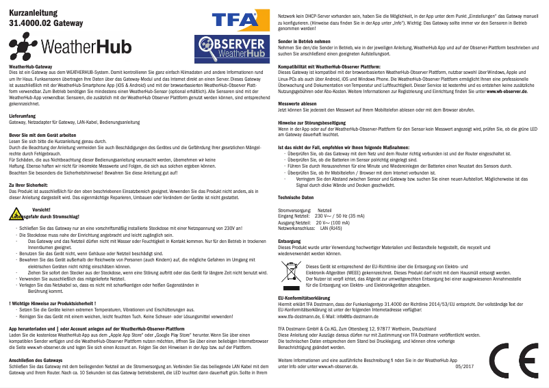 Page 1 de la notice Manuel utilisateur TFA WeatherHub Observer 31.4013.02