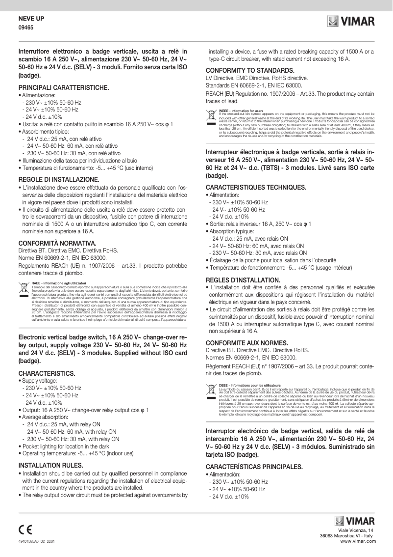 Page n°1 - Manuel utilisateur Vimar 09465