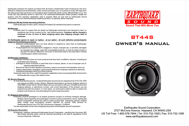Page 1 de la notice Manuel utilisateur Earthquake Sound BT44S