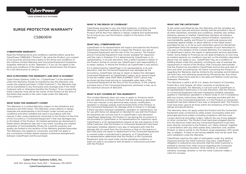Page n°1 - Informations de garantie CyberPower Essential CSB606W