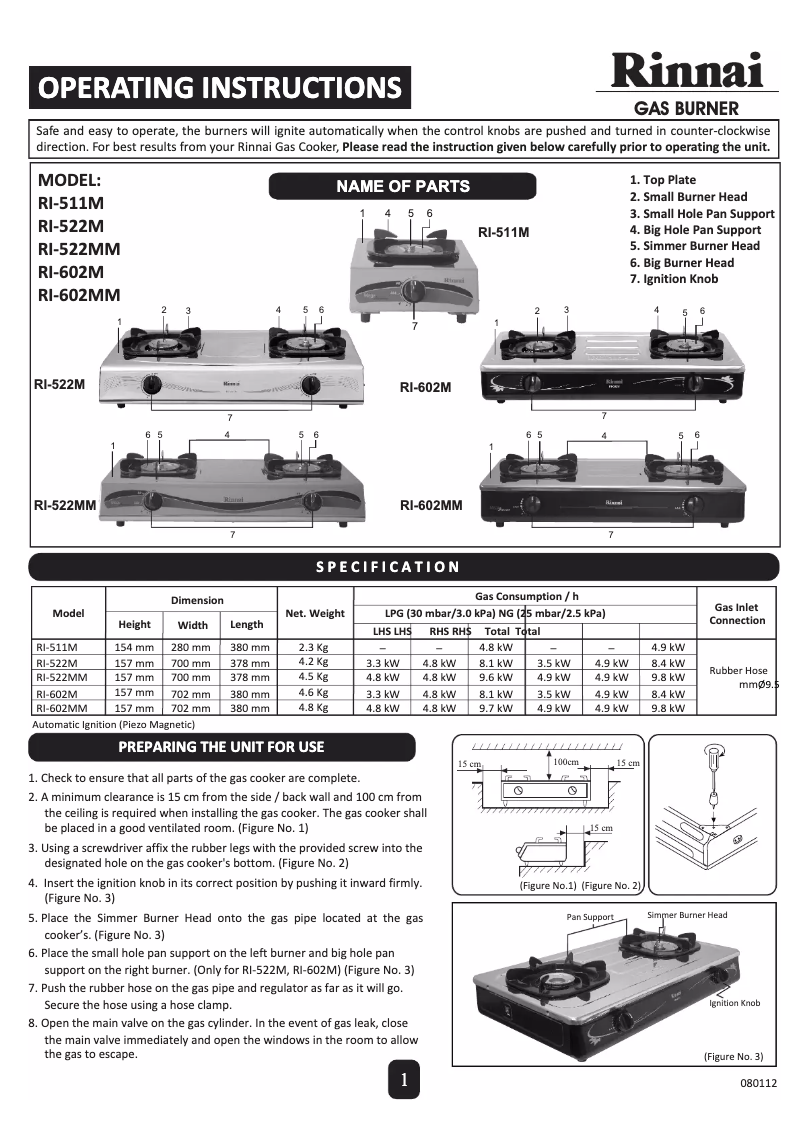 Page n°1 - Manuel utilisateur Rinnai RI-522MM