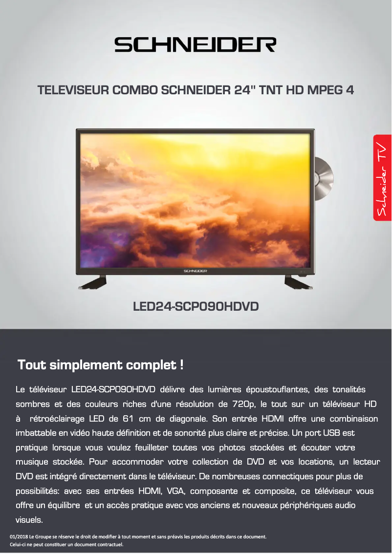 Page 1 de la notice Fiche technique Schneider LED24-SCP090HDVD