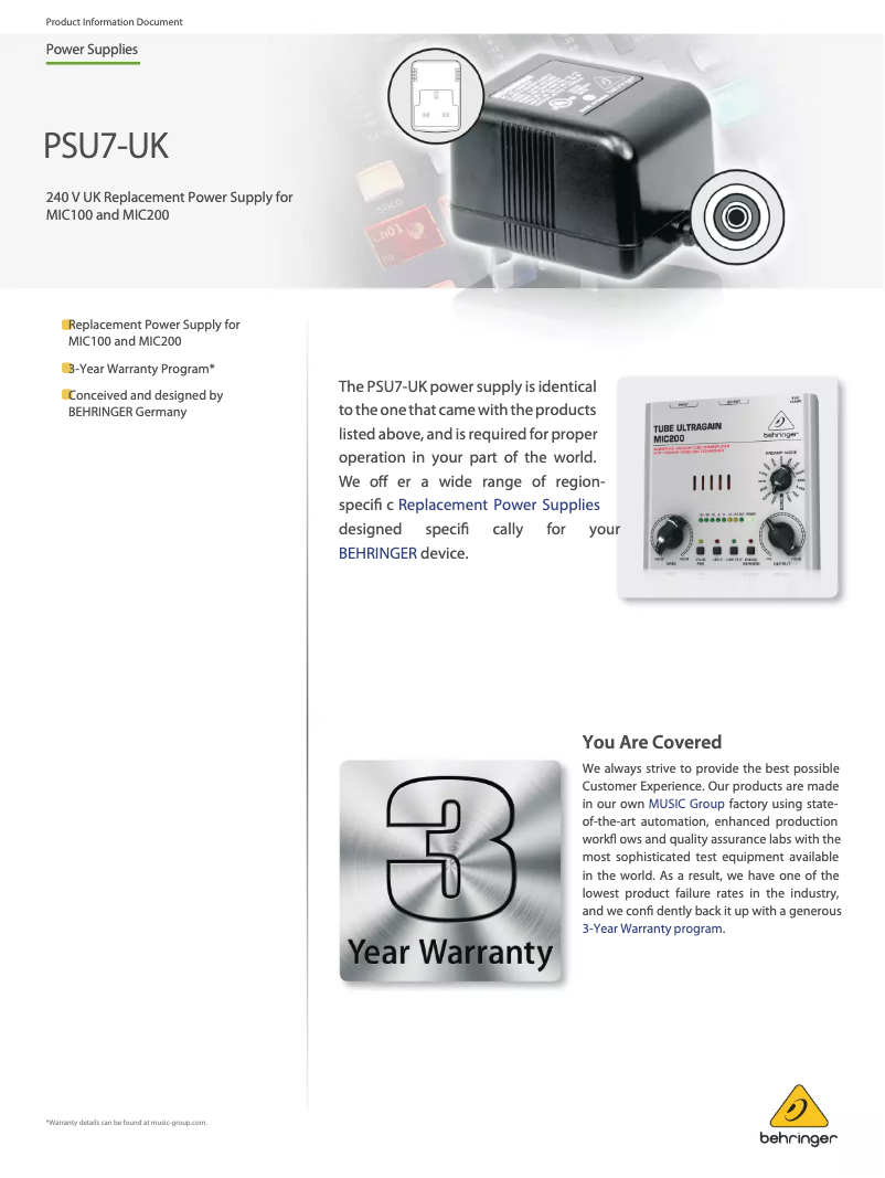 Page 1 de la notice Manuel utilisateur Behringer PSU7-UK