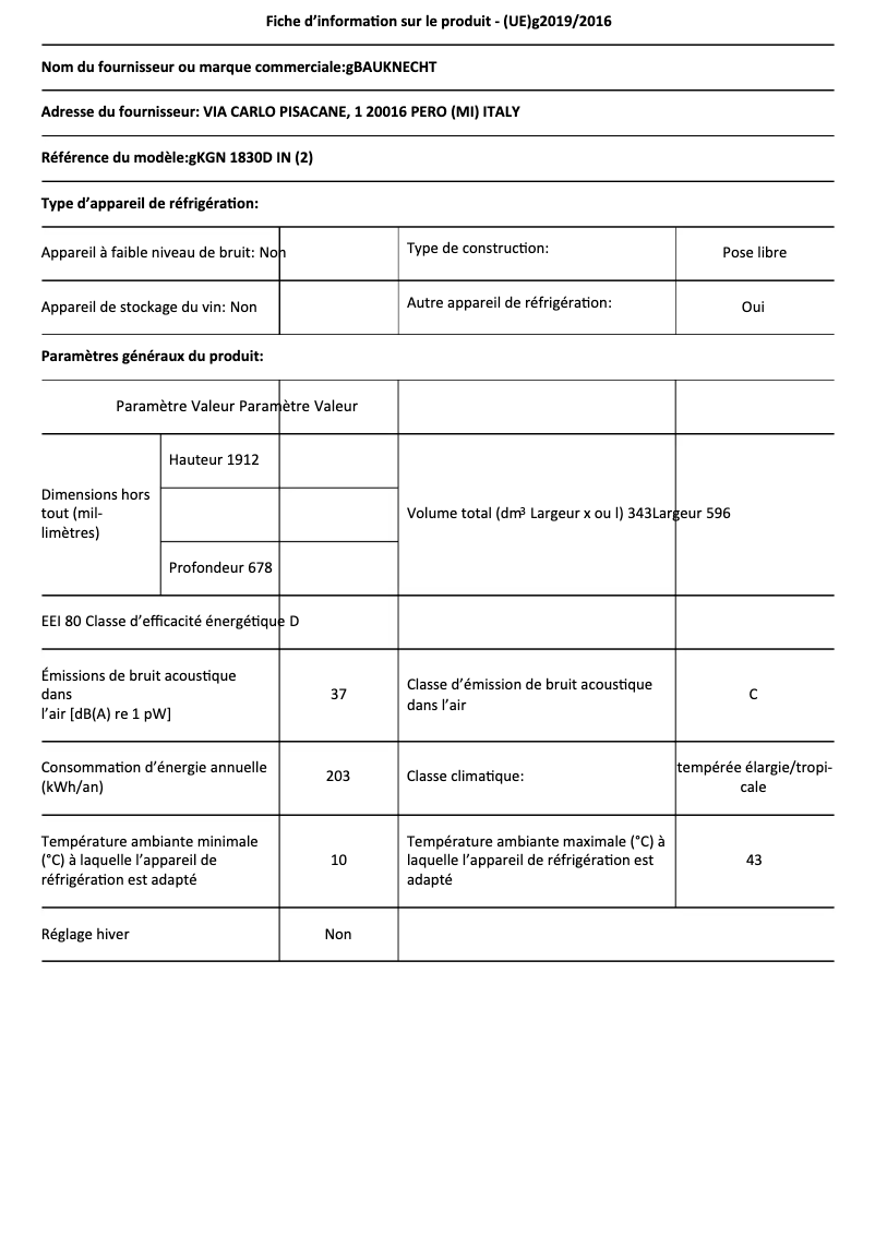 Page n°1 - Fiche technique Bauknecht KGN 1830D IN