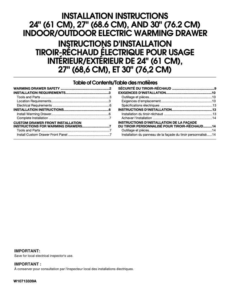 Page 1 de la notice Guide d'installation KitchenAid KOWT100ESS