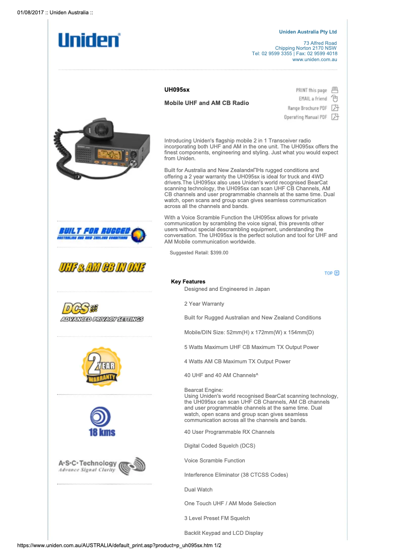 Page 1 de la notice Manuel utilisateur Uniden UH095SX