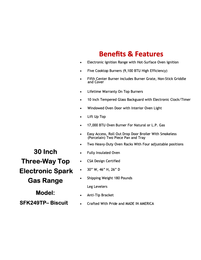 Page 1 de la notice Fiche technique Premier SFK249TP