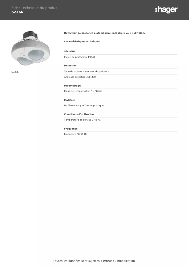Page 1 de la notice Fiche technique Hager 52366