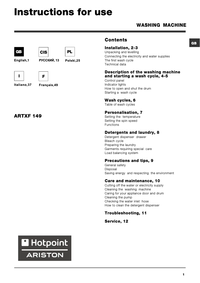 Page n°1 - Manuel utilisateur Hotpoint Ariston ARTXF 149 (EU)