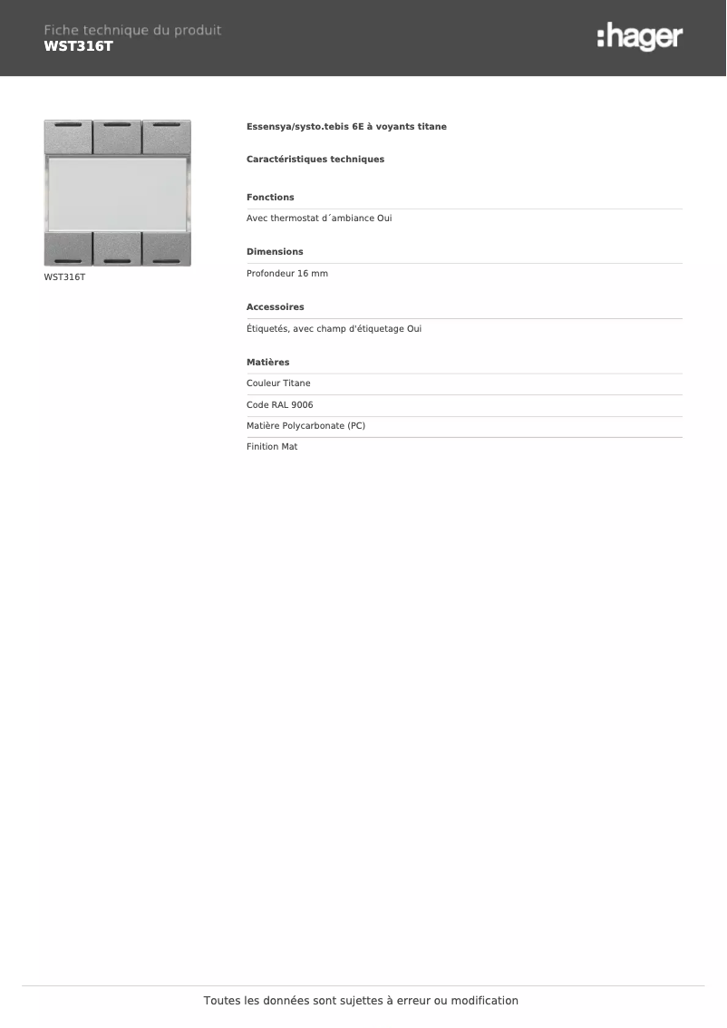 Page 1 of the manual Technical Sheet Hager WST316T