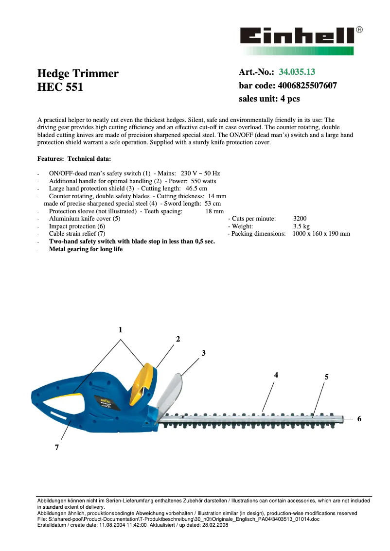 Page n°1 - Manuel utilisateur Einhell Royal HEC 551