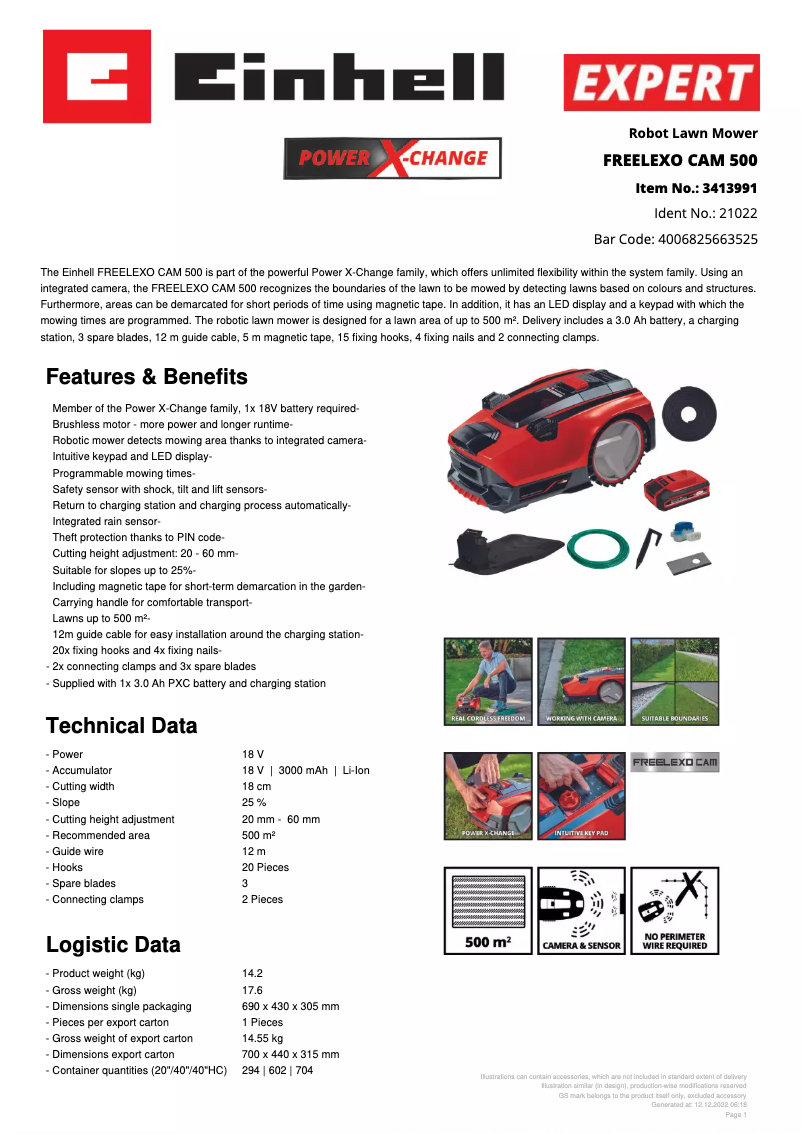 Page 1 de la notice Fiche technique Einhell FREELEXO CAM 500