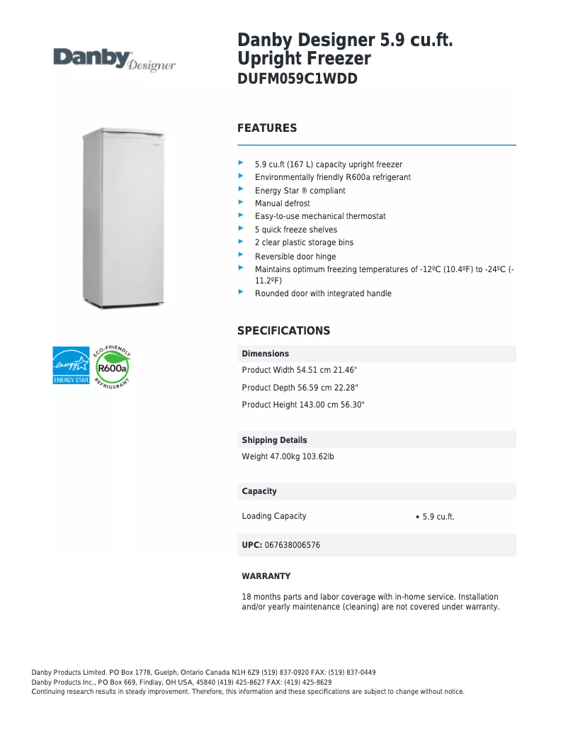 Page n°1 - Fiche technique Danby DUFM059C1WDD