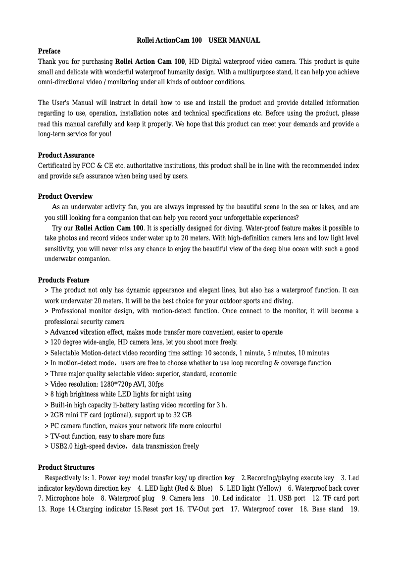 Image de la première page du manuel de l'appareil ActionCam 100