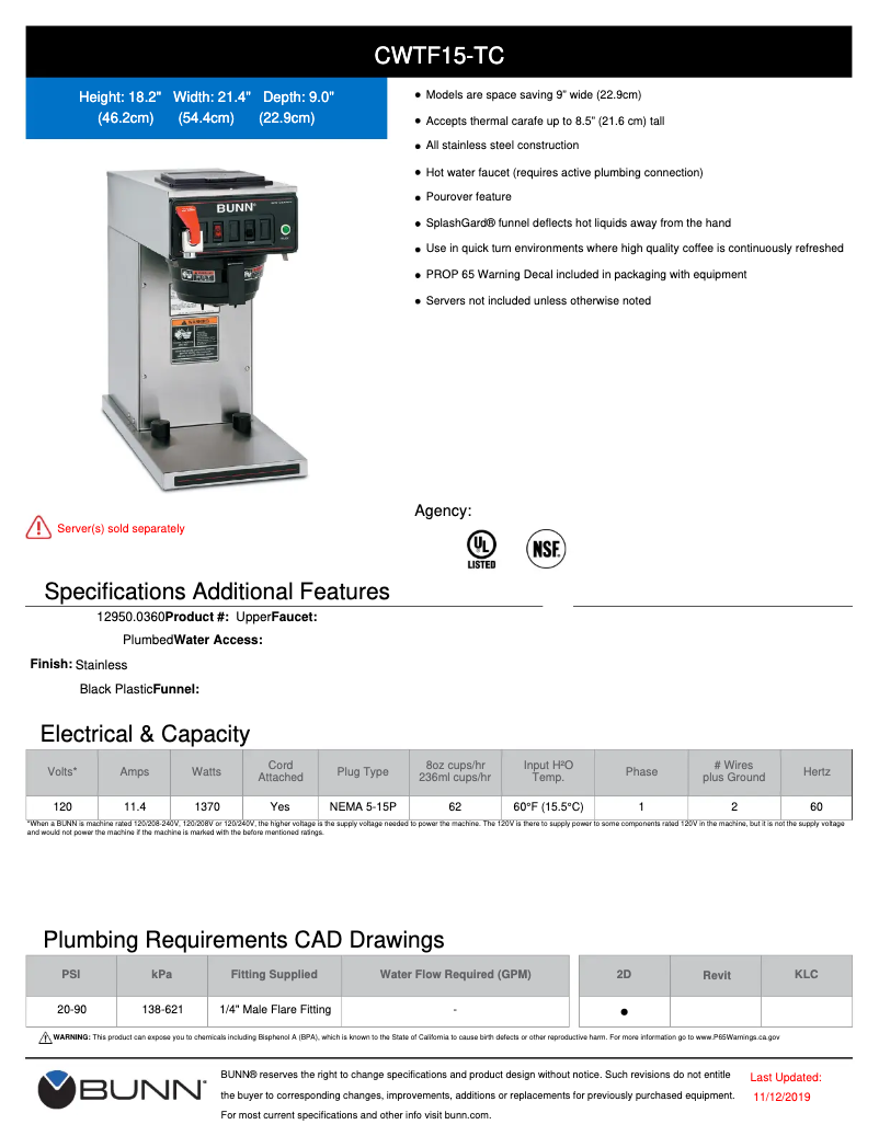 Page 1 de la notice Fiche technique Bunn CWTF15-TC