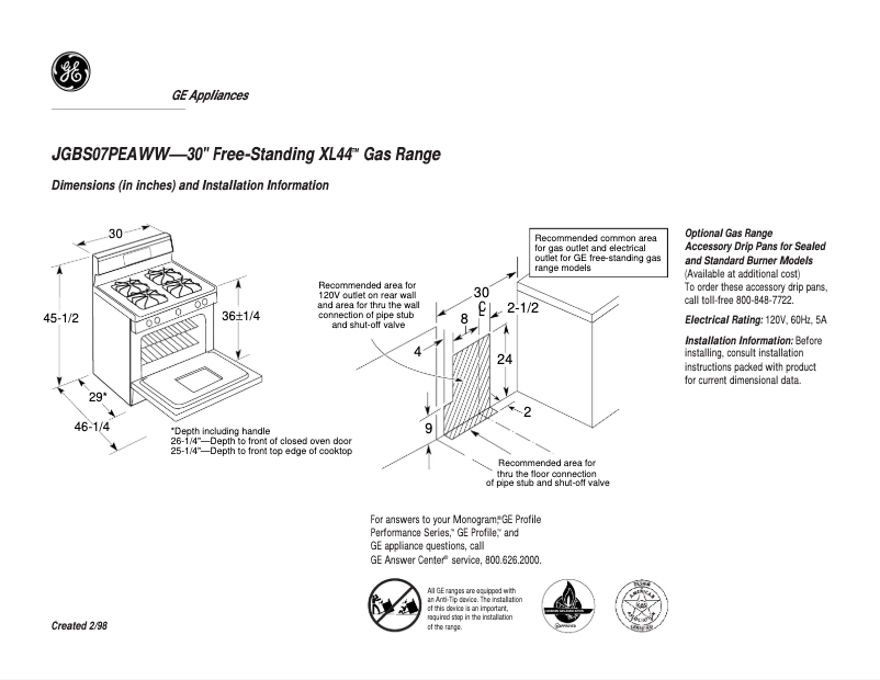 Página 1 del manual Ficha técnica GE JGBS07PEAWW