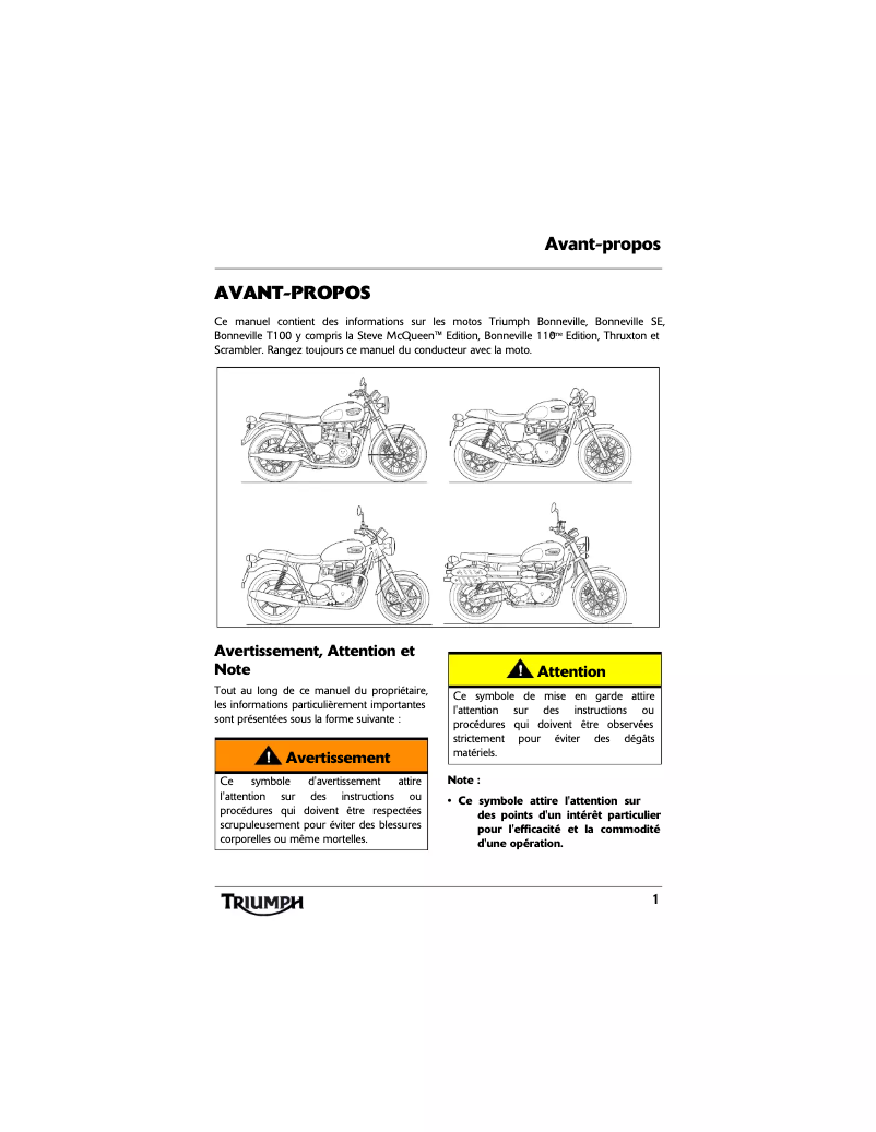 Page 1 de la notice Manuel utilisateur Triumph Bonneville T100 Steve McQueen Edition (2013)