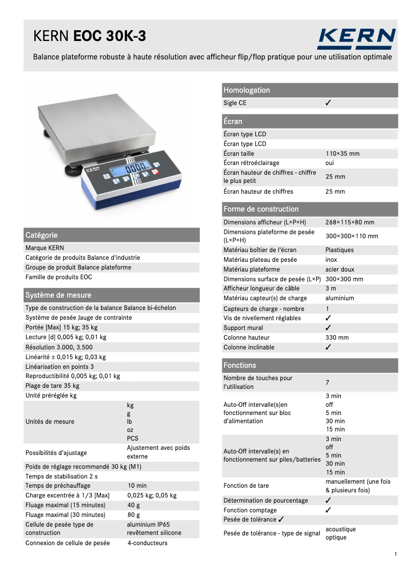 Page n°1 - Fiche technique Kern EOC 30K-3