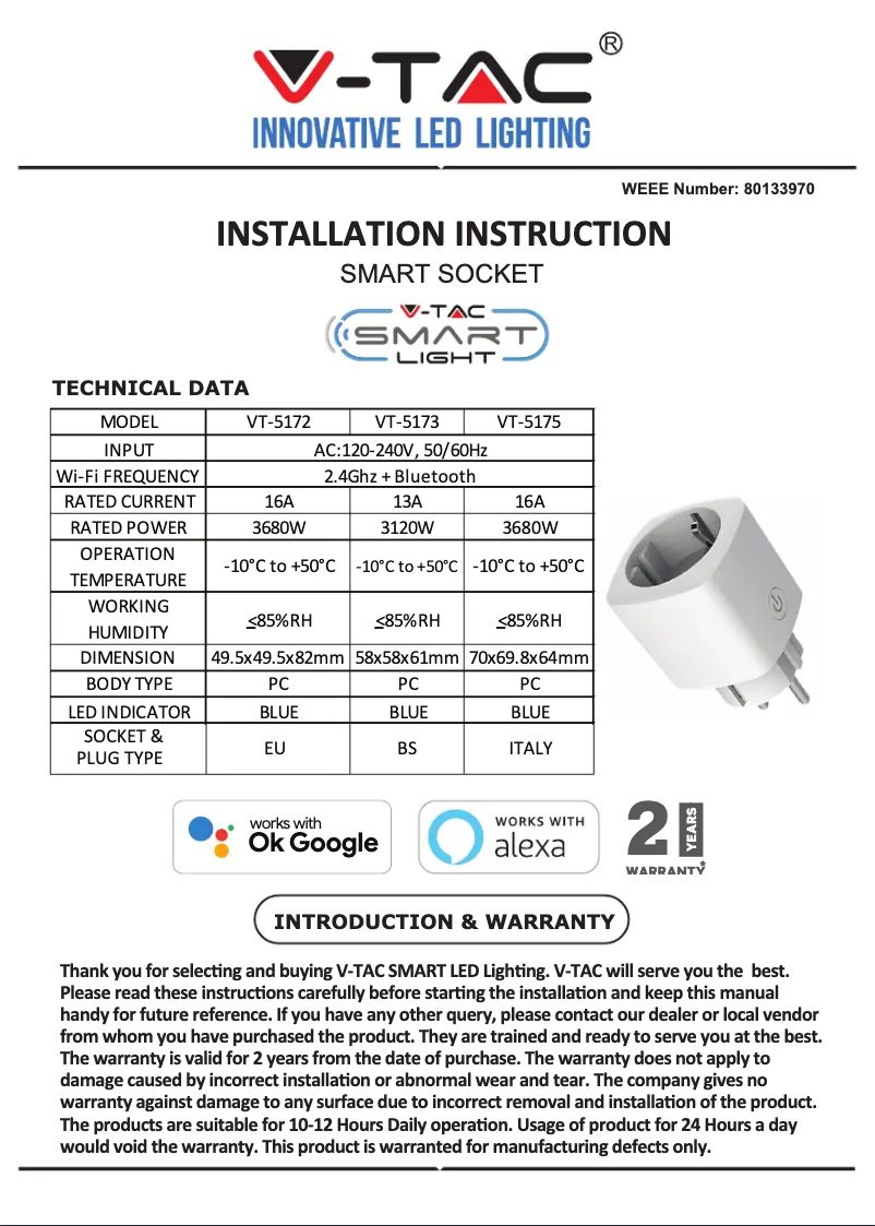 Page n°1 - Manuel utilisateur V-TAC VT-5172