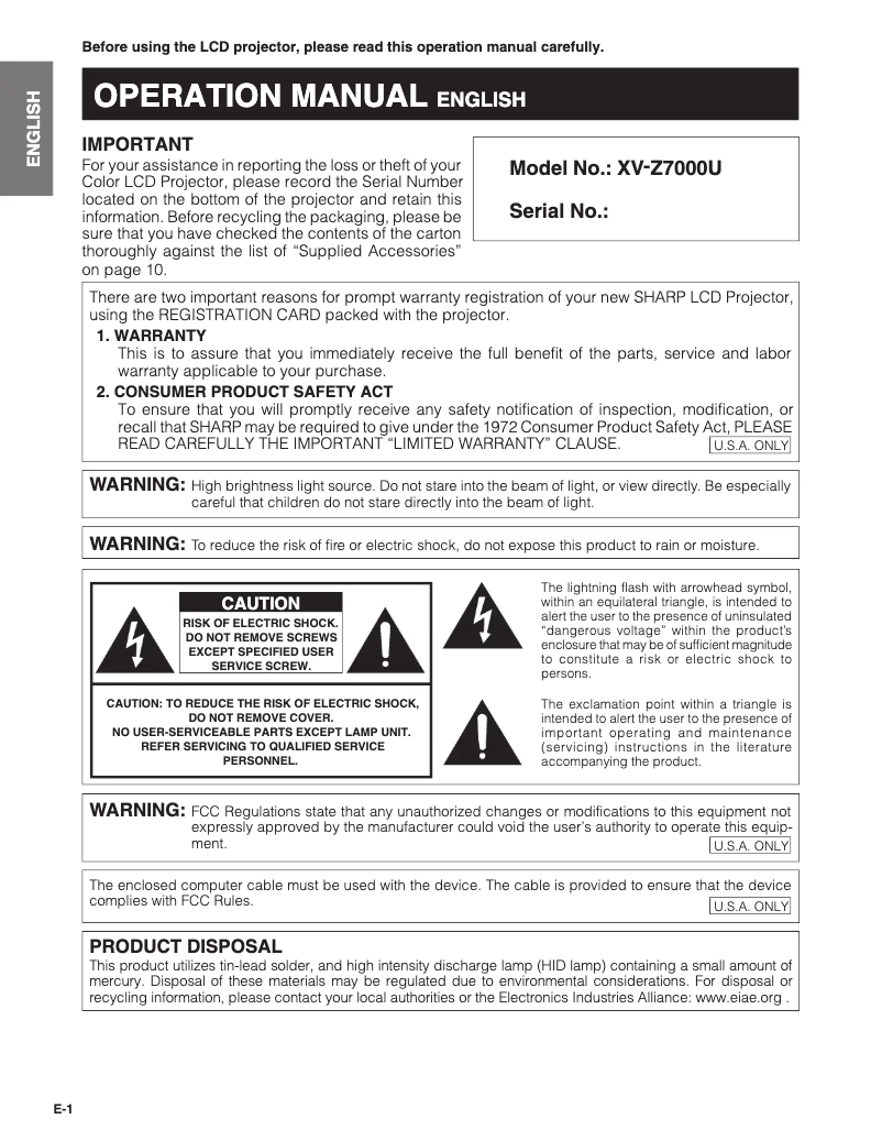 Page n°1 - Manuel utilisateur Sharp XV-Z7000U