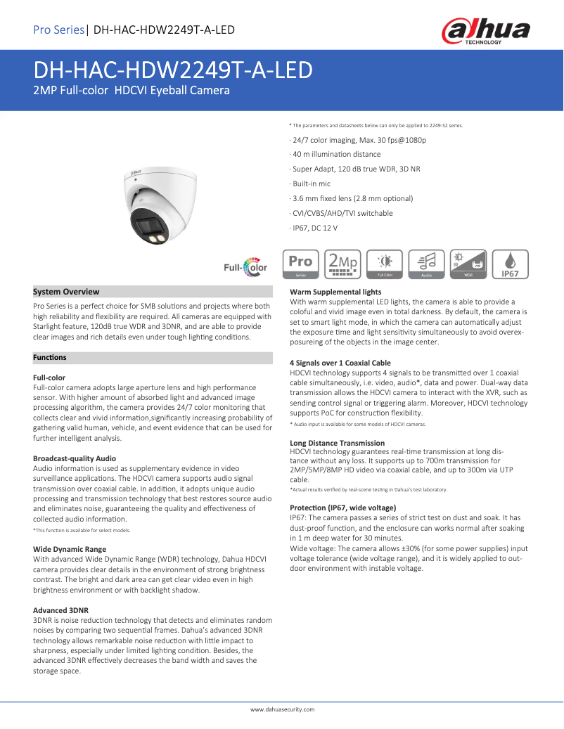 Page 1 de la notice Fiche technique Dahua Technology HAC-HDW2249T-A-LED