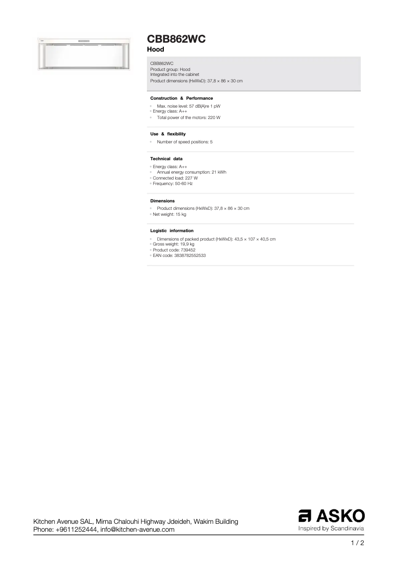 Page 1 de la notice Fiche technique Asko CBB862WC