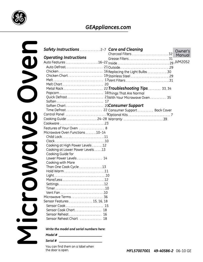 Page 1 de la notice Manuel d'utilisation et d'entretien GE Spacemaker JVM2052DNBB