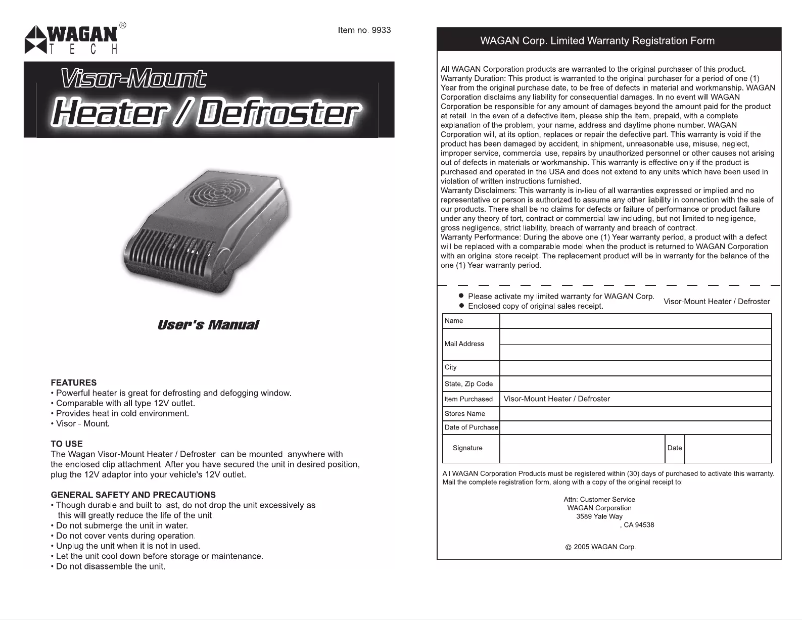 Page n°1 - Manuel utilisateur WAGAN Visor Mount Heater Defrost 12V