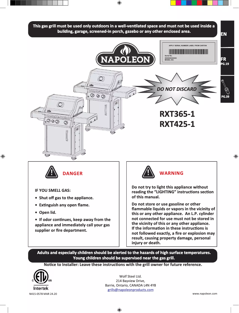 Page n°1 - Manuel utilisateur Napoleon Rogue XT 425 SIB