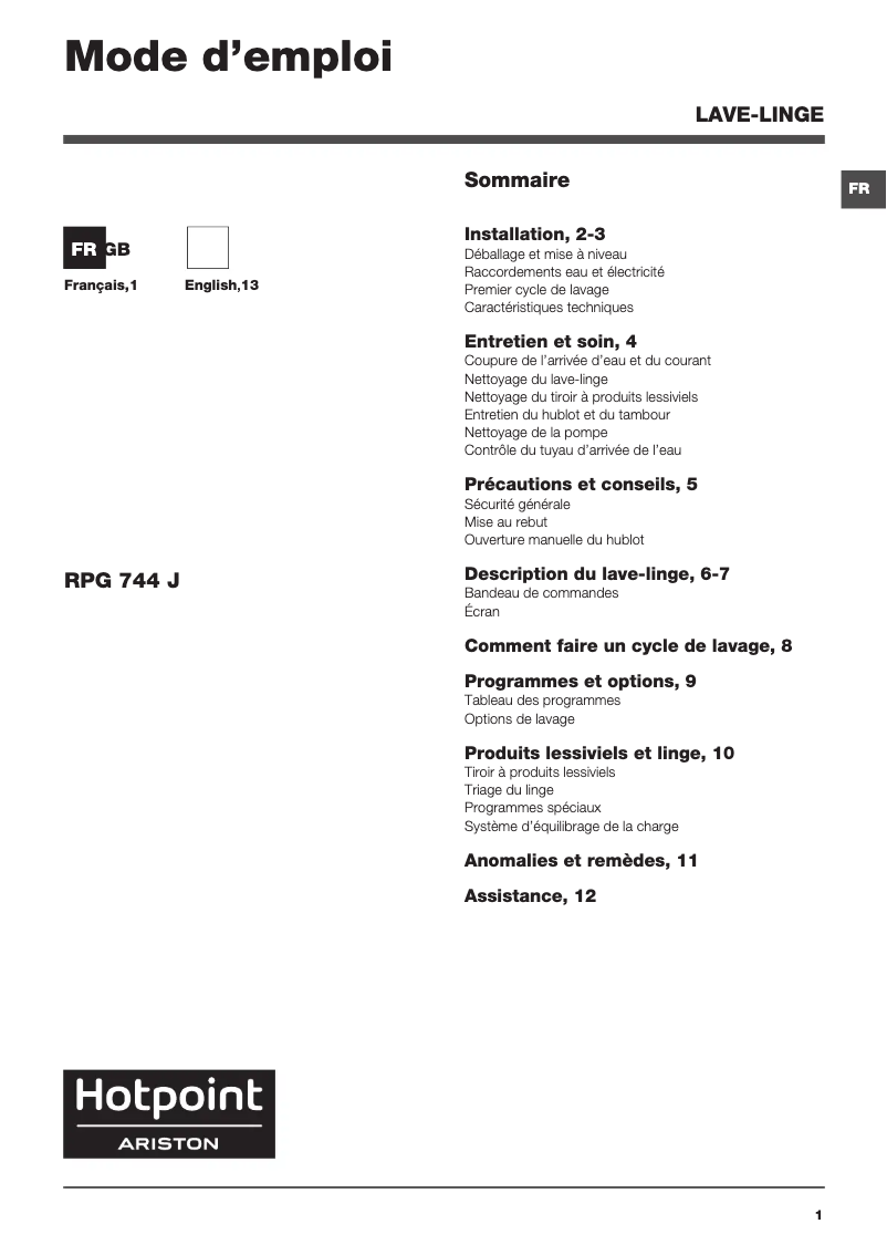 Page 1 de la notice Manuel utilisateur Hotpoint Ariston RPG 744 JS FR