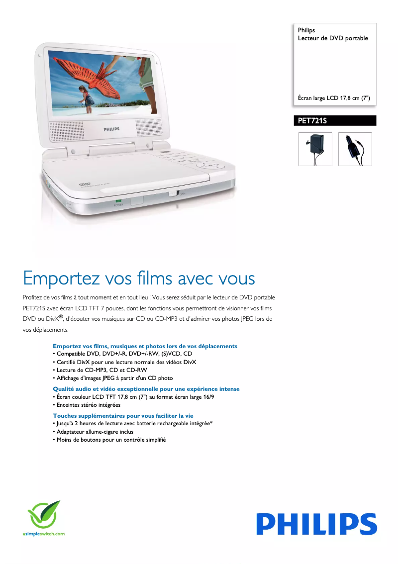 Page n°1 - Fiche technique Philips PET721S