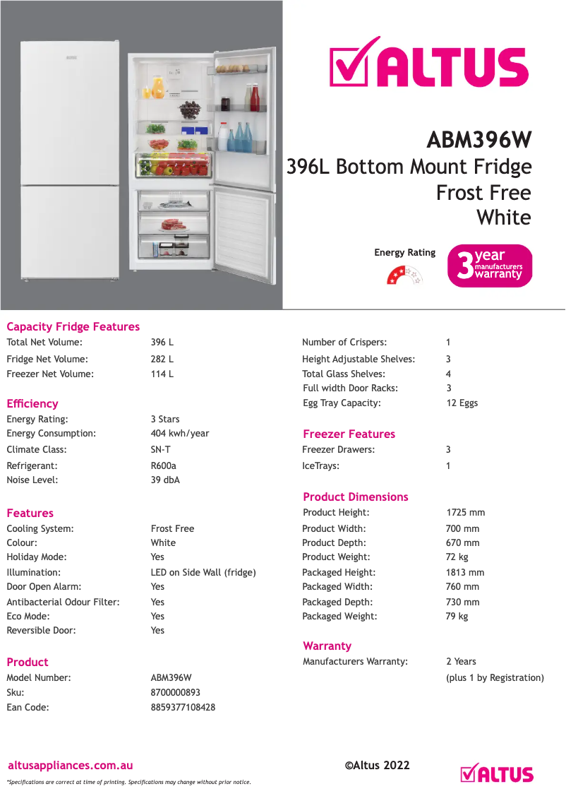 Página 1 del manual Ficha técnica Altus ABM396W