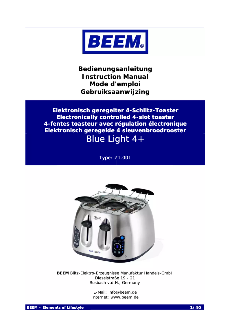 Page n°1 - Manuel utilisateur BEEM BlueLight 4+