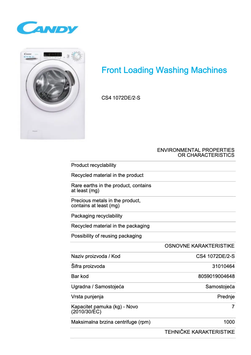 Page 1 de la notice Fiche technique Candy CS4 1072DE/2-S