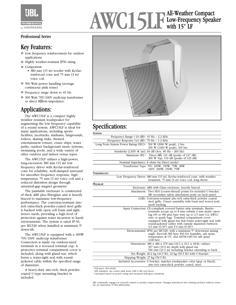 Page 1 de la notice Manuel utilisateur JBL AWC15LF