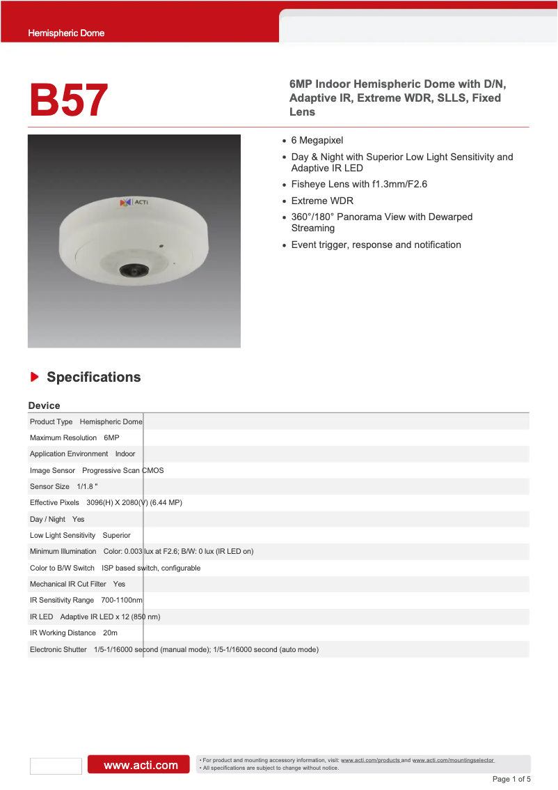 Page n°1 - Fiche technique ACTi B57