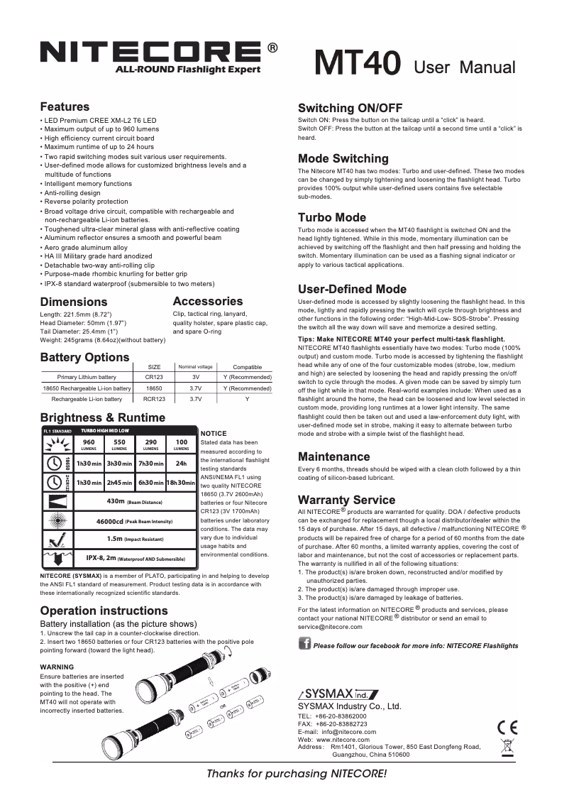 Página 1 del manual Manual de usuario Nitecore MT40