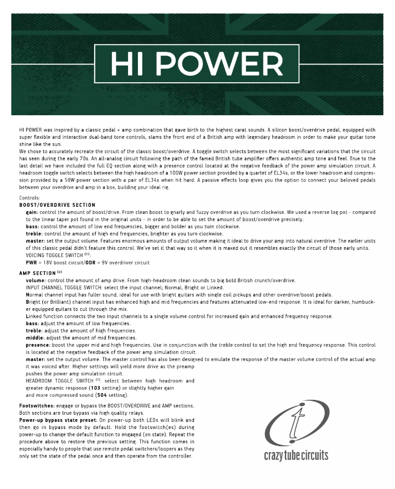 Page n°1 - Manuel utilisateur Crazy Tube Circuits Hi Power