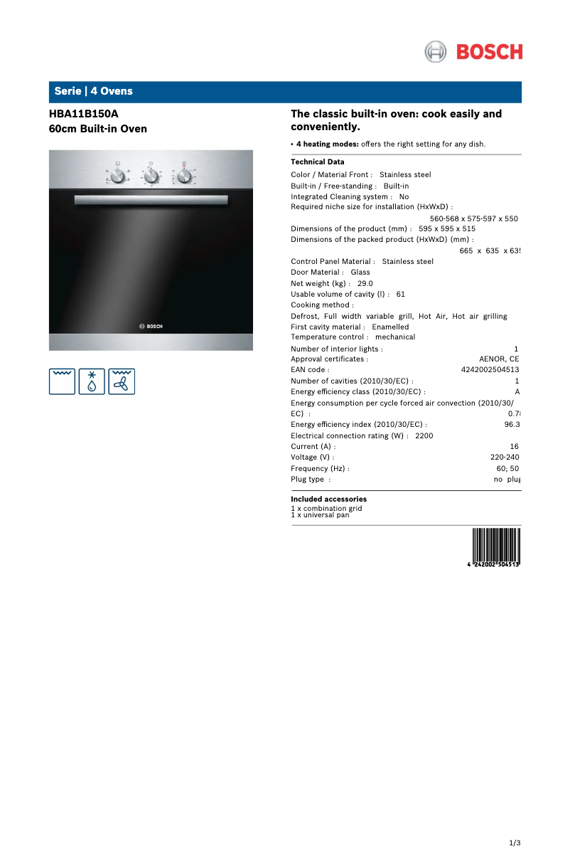 Página 1 del manual Ficha técnica Bosch HBA11B150A