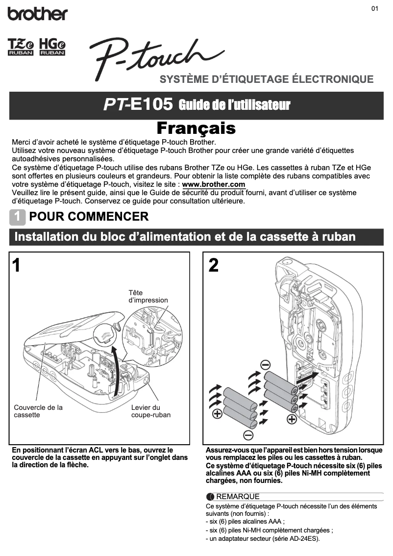 Page n°1 - Manuel utilisateur Brother P-touch PT-E105