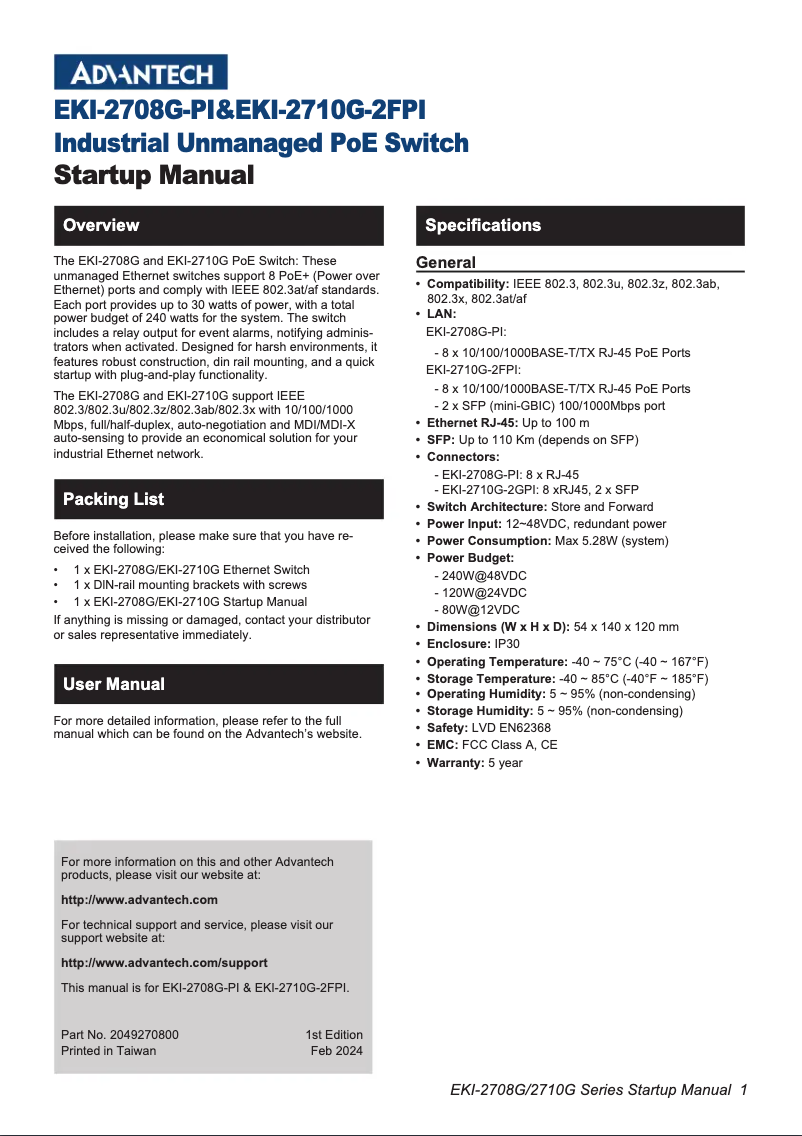 Page n°1 - Manuel utilisateur Advantech EKI-2710G-2FPI-A